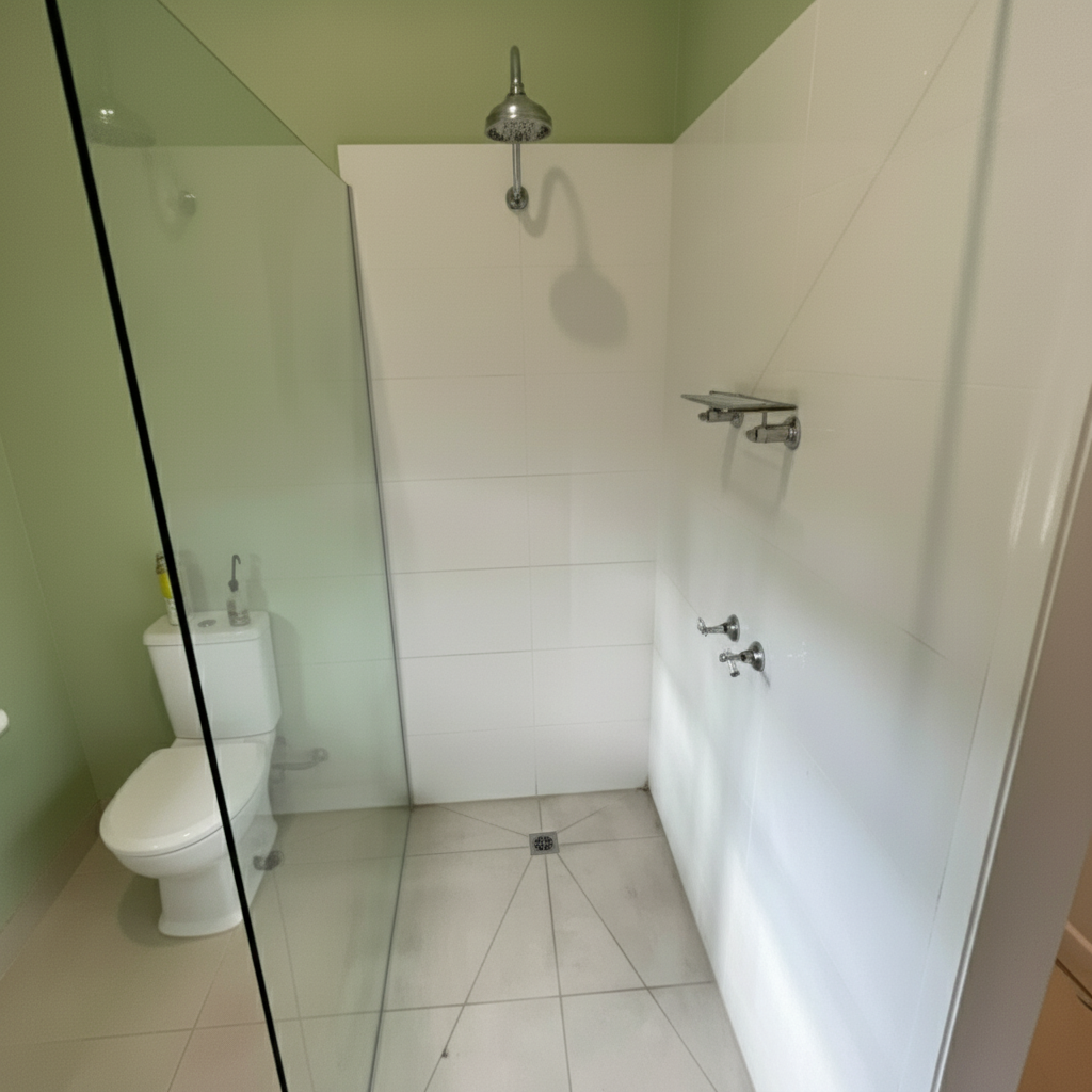 Bathroom wall tiles before — dirty stained grout lines